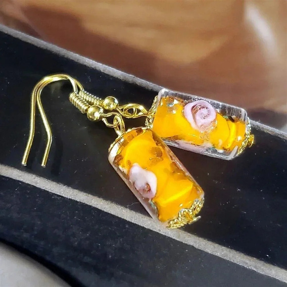 Orange Murano Lampwork Glass Flower Inside Vintage Beads Round Tube Earrings - Picture 8 of 11